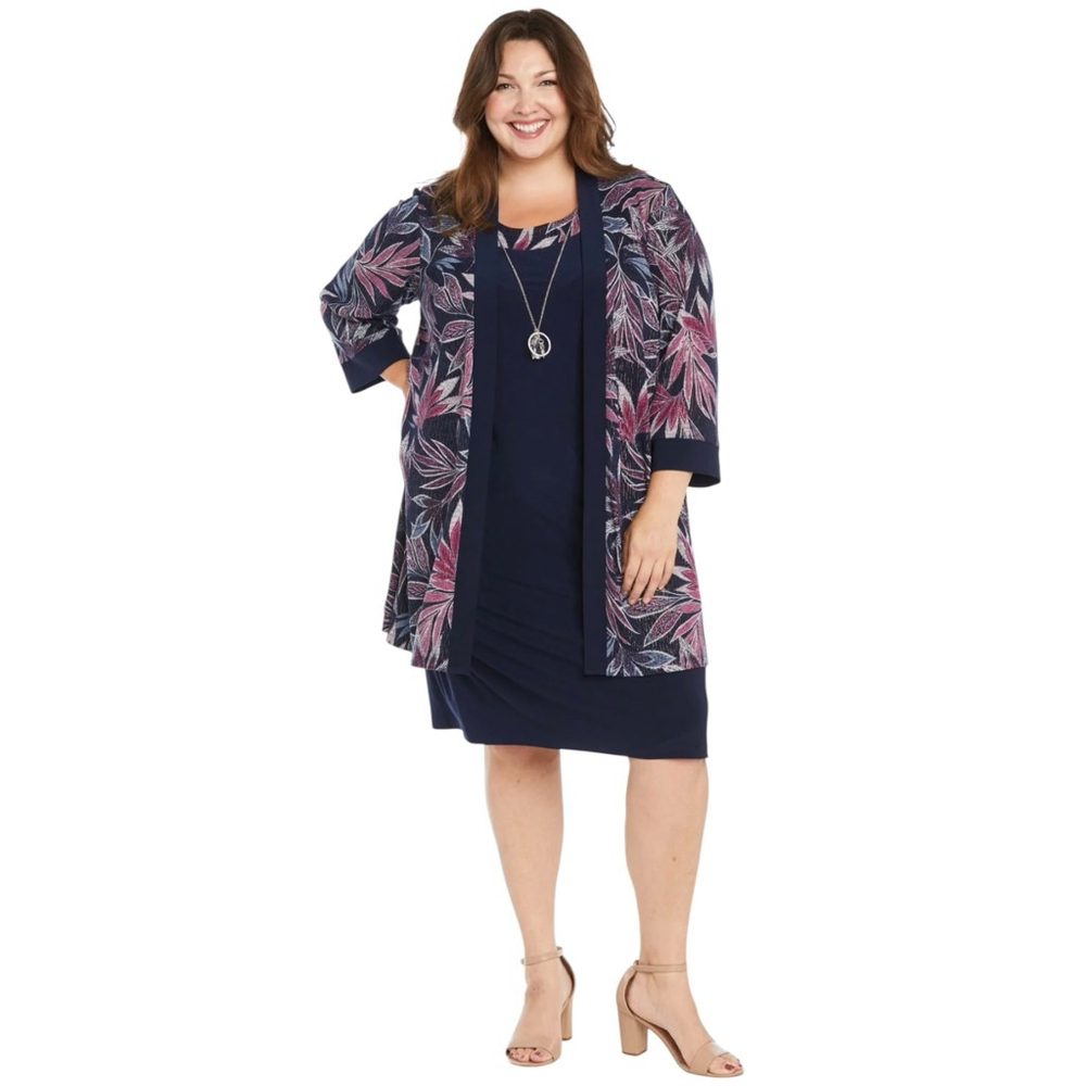 R & M Richards Dress with Jacket Set Blue Purple Tropical Palm Size 20W
